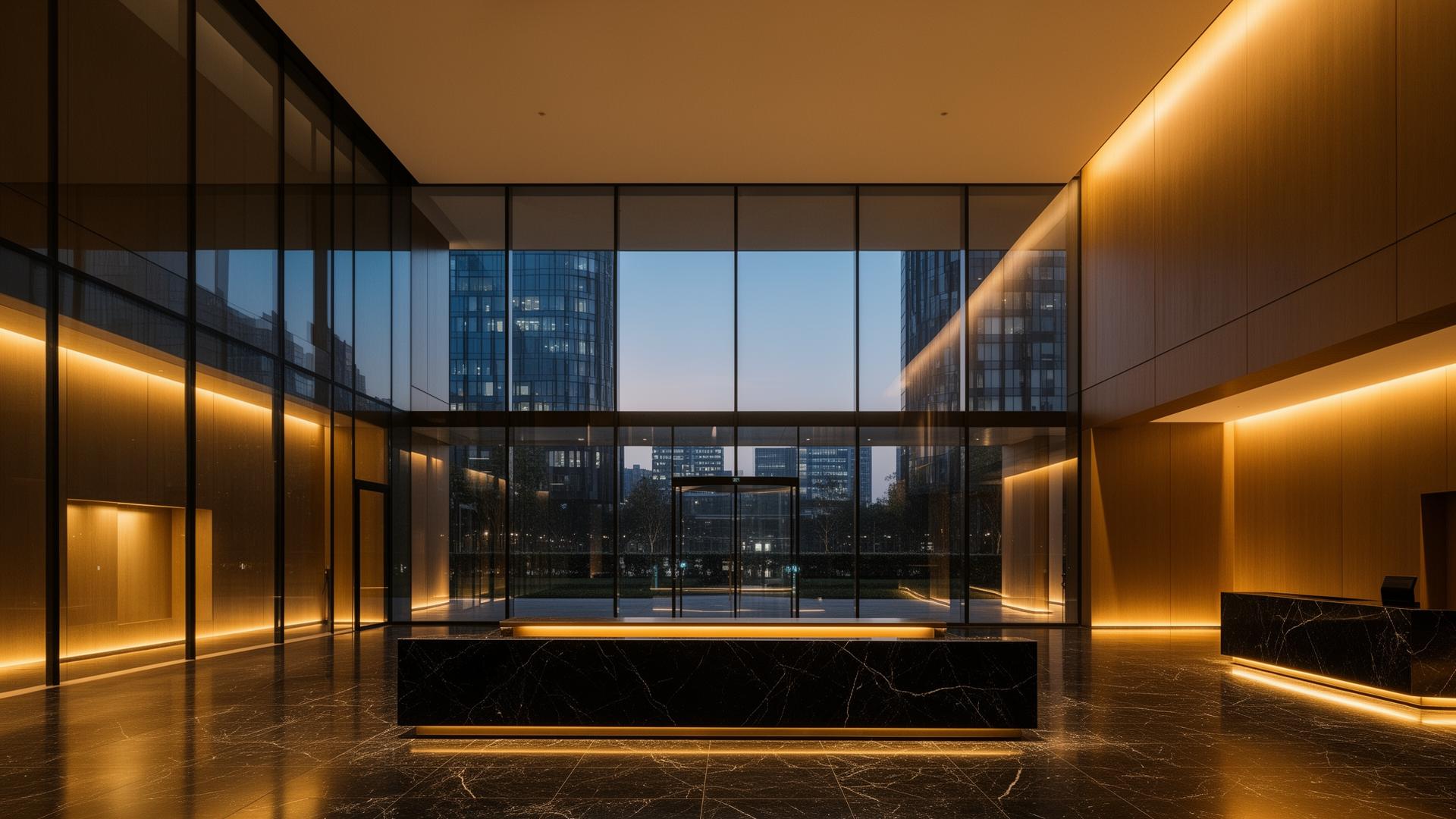 Modern architectural lobby with warm light